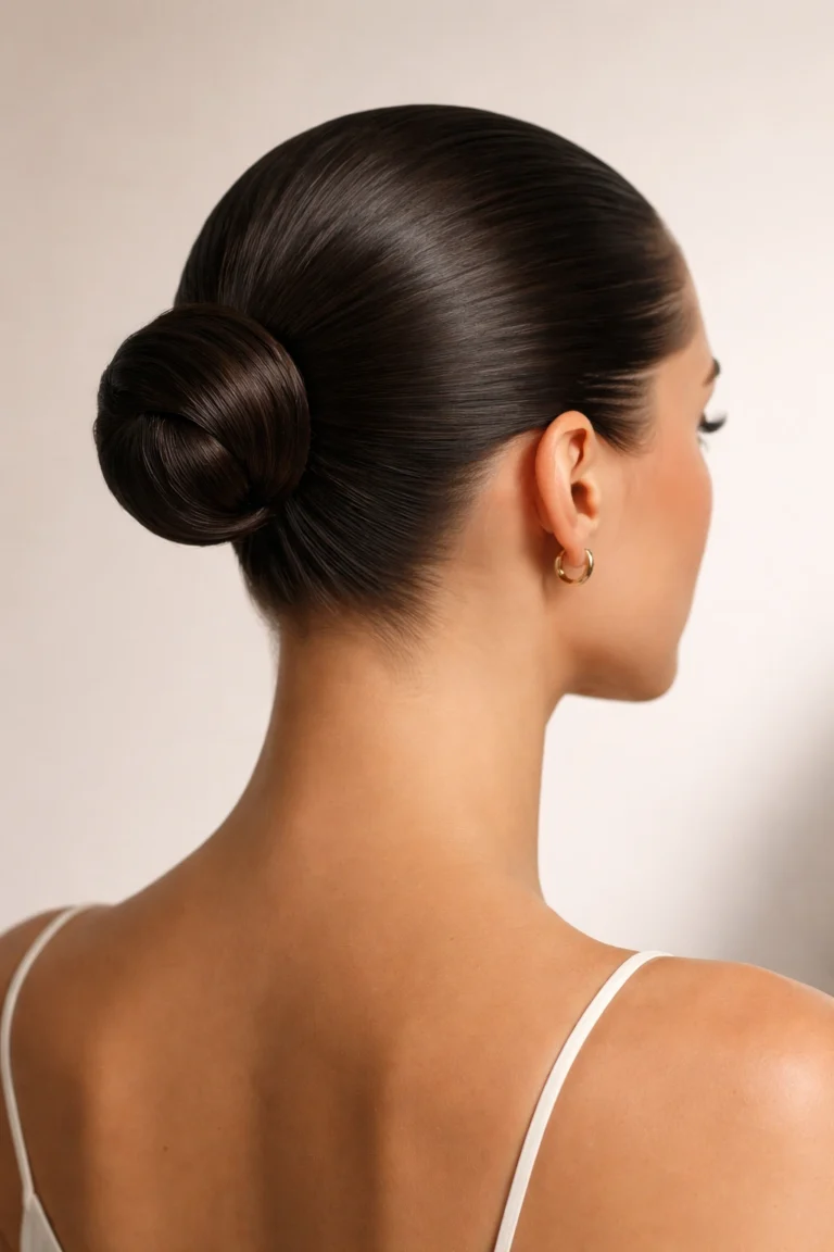 Woman with a slicked-back low bun hairstyle