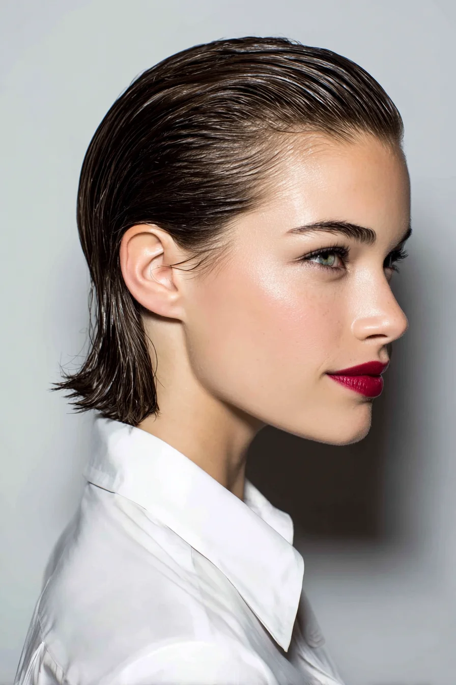 Short dark hair in a wet-look slicked-back style