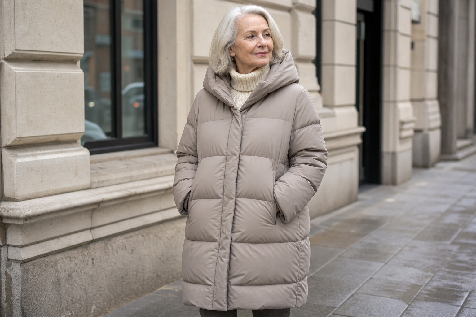Senior woman wearing a taupe hooded puffer coat over a cream knit turtleneck