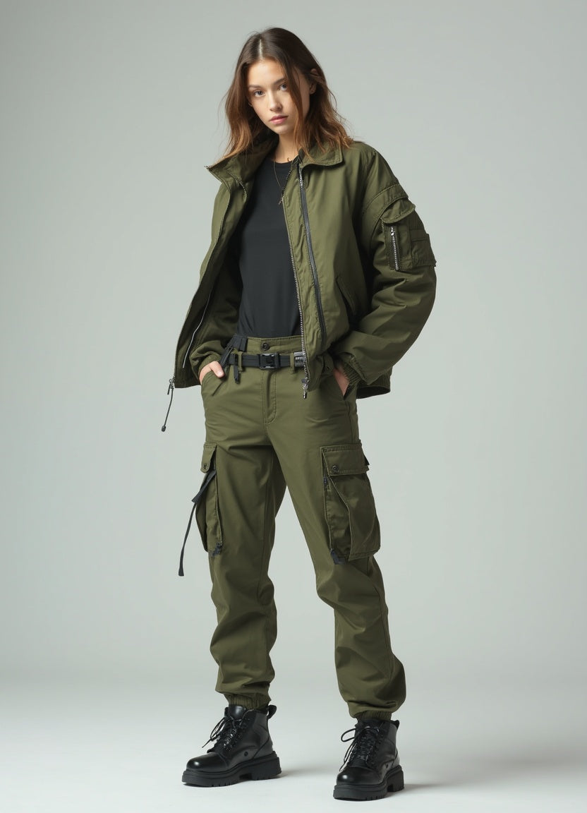 Woman wearing olive cargo pants, a black top, an olive bomber jacket and black combat ankle boots