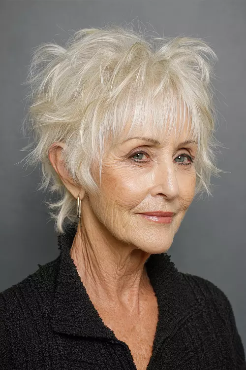 Older woman with a short white choppy crop and wispy fringe