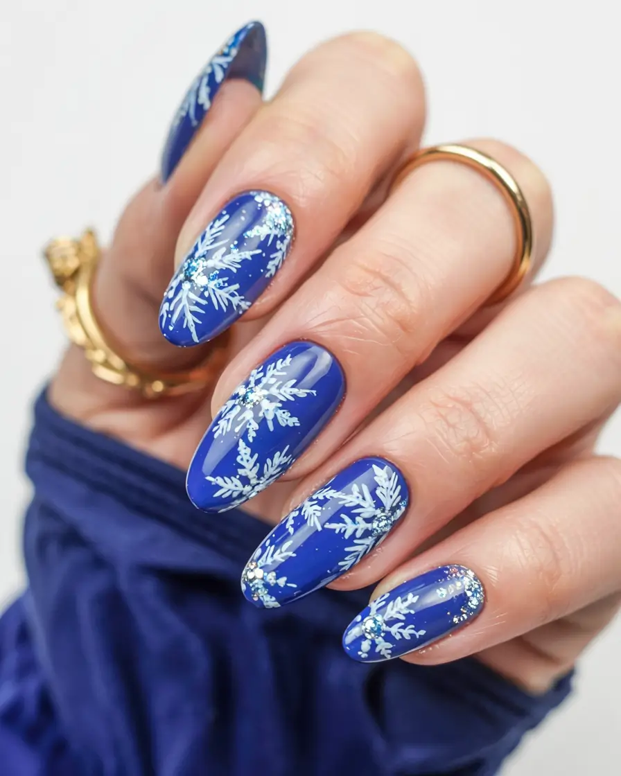Cobalt blue nails with white snowflake art