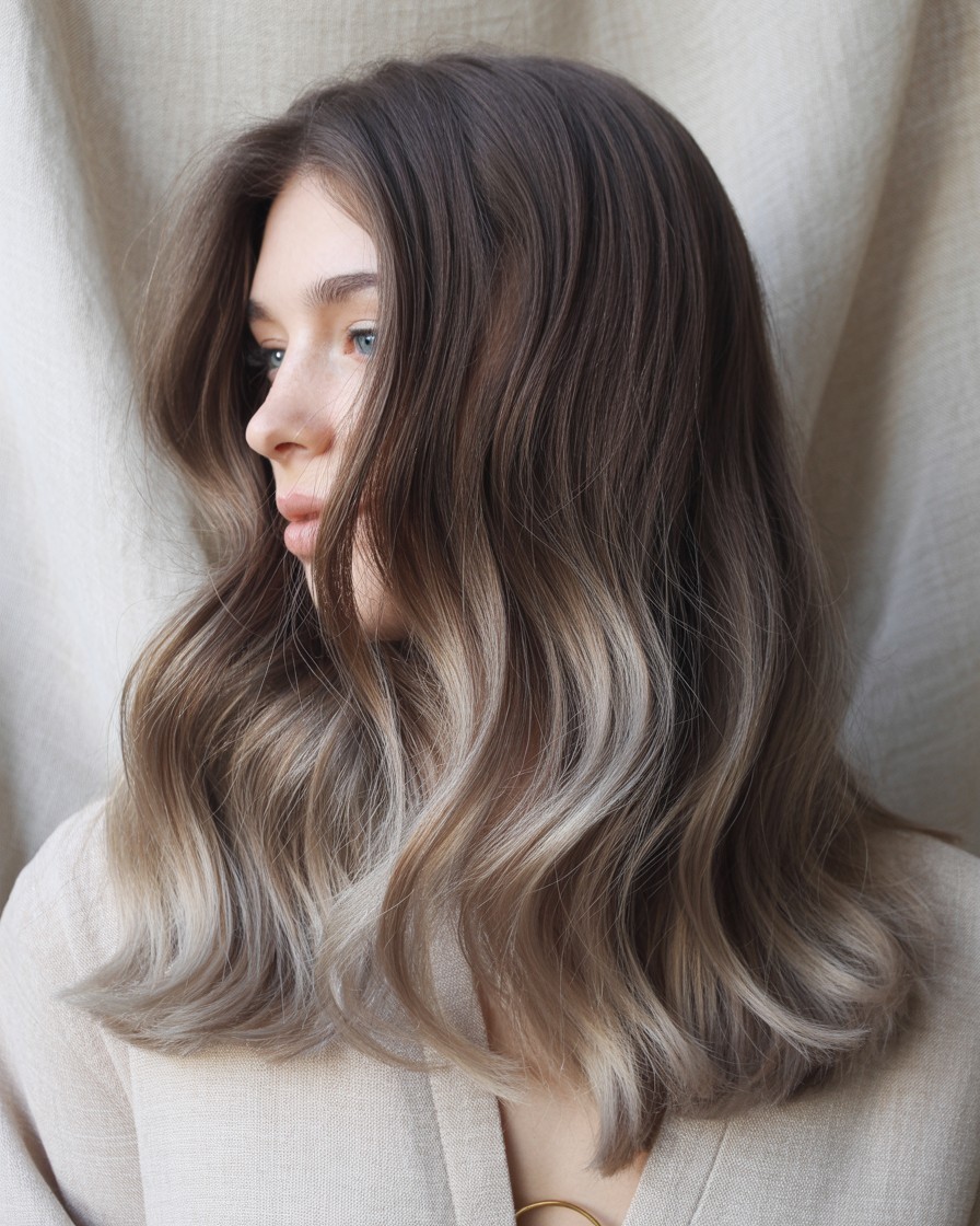 Ash brown color melt with a seamless root blend on long hair