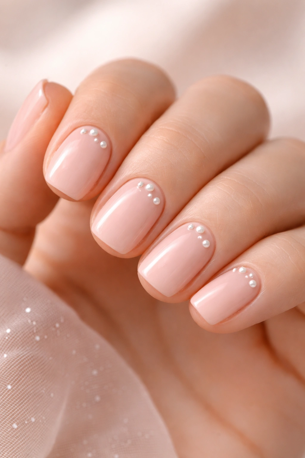 Blush nude short nails with small pearl dots arranged at the cuticle