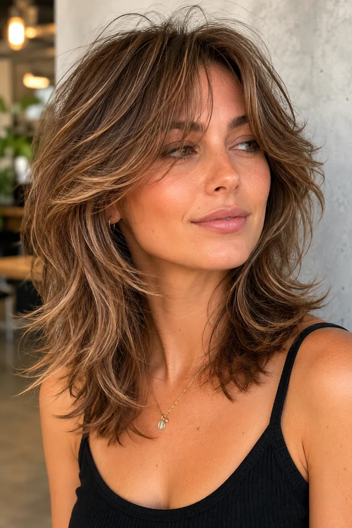 Woman with a wispy medium-length shag haircut and curtain fringe