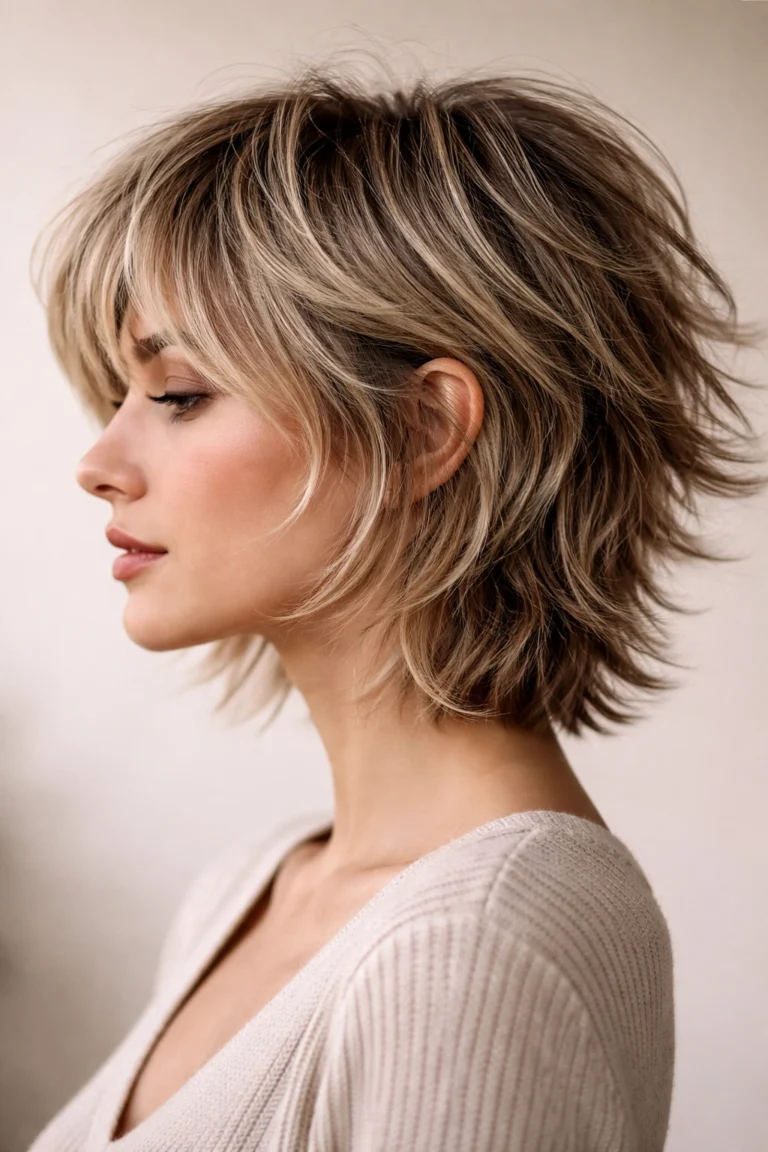 Chin-length shaggy bob with soft bangs and textured layers
