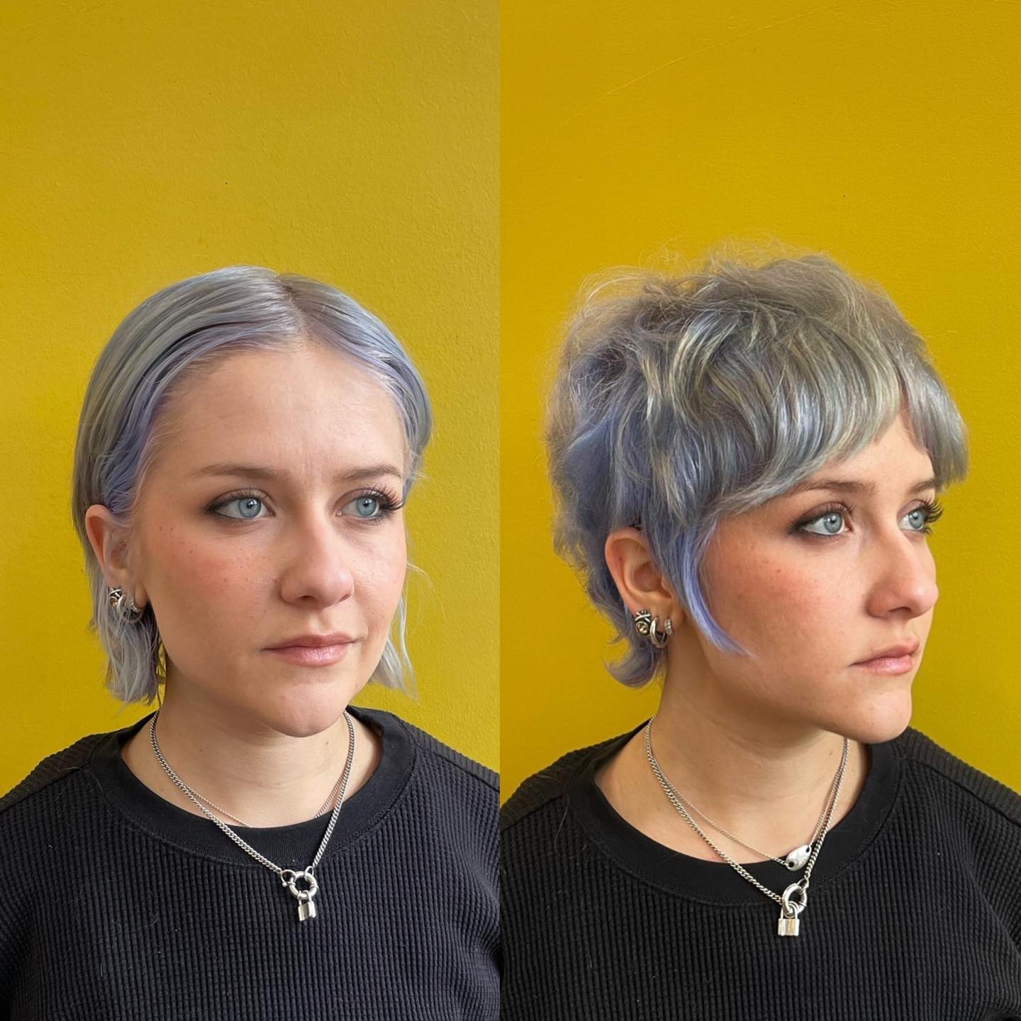 Silver wavy mixie haircut with pastel highlights