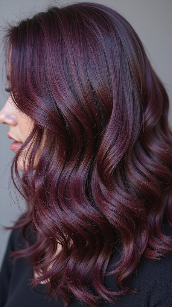 Dark black-cherry hair color with subtle red highlights and soft waves