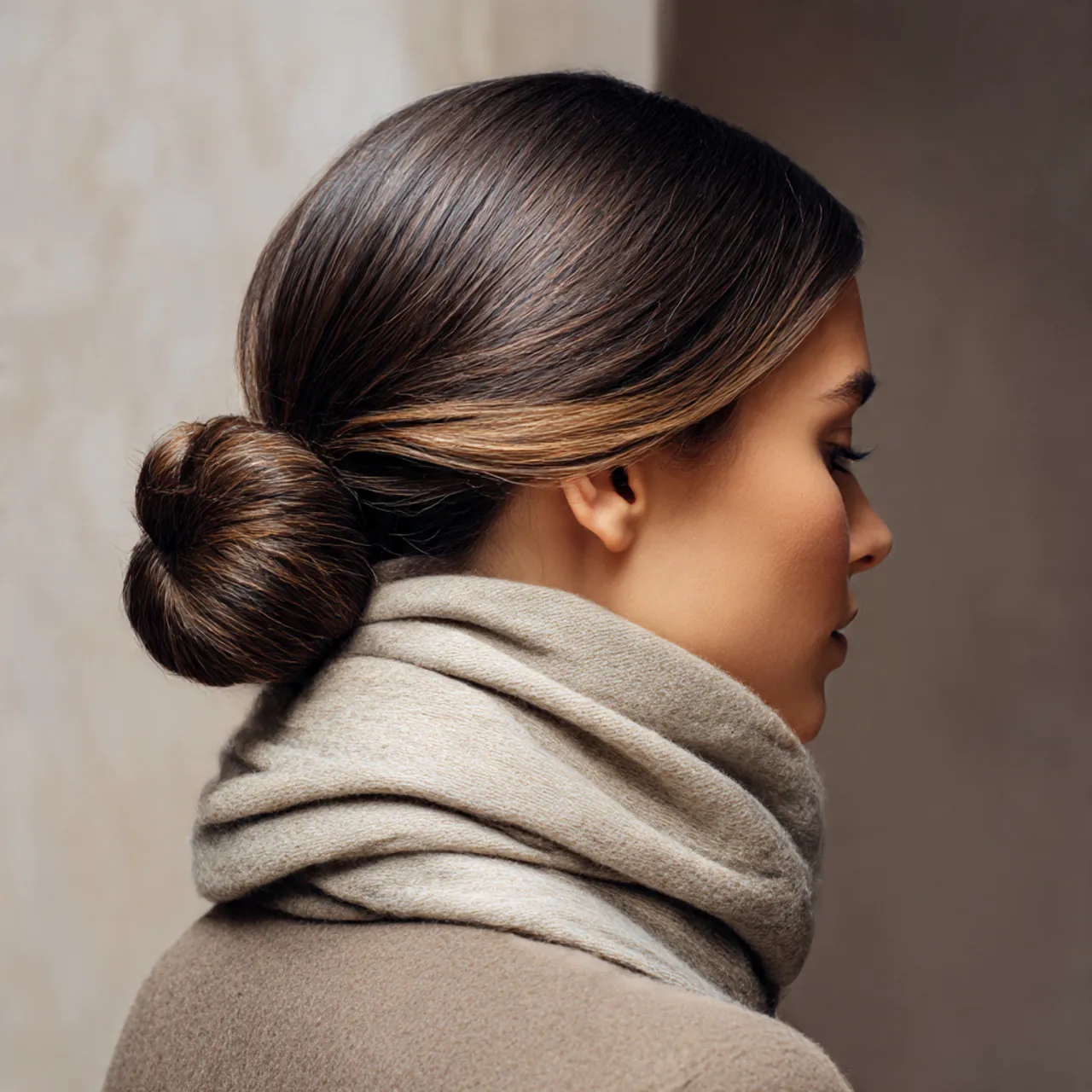 Side profile of a sleek knotted low bun with a wrapped scarf at the neckline