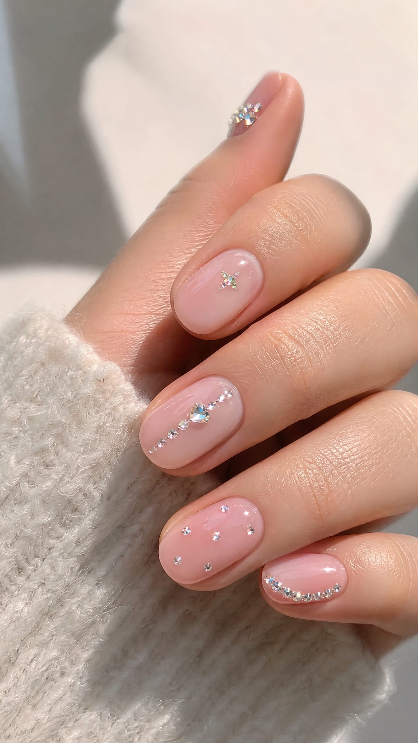 Sheer Pink with Crystal Accents: sheer pink short oval nails with delicate rhinestone details