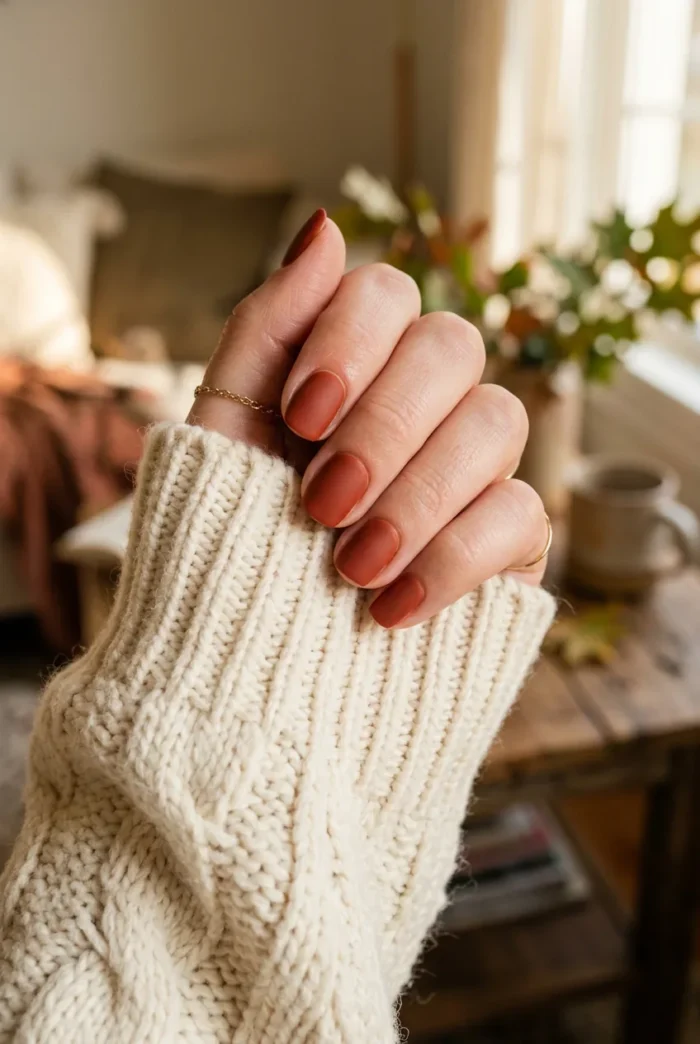 Terracotta nails with tonal knit sweater lines