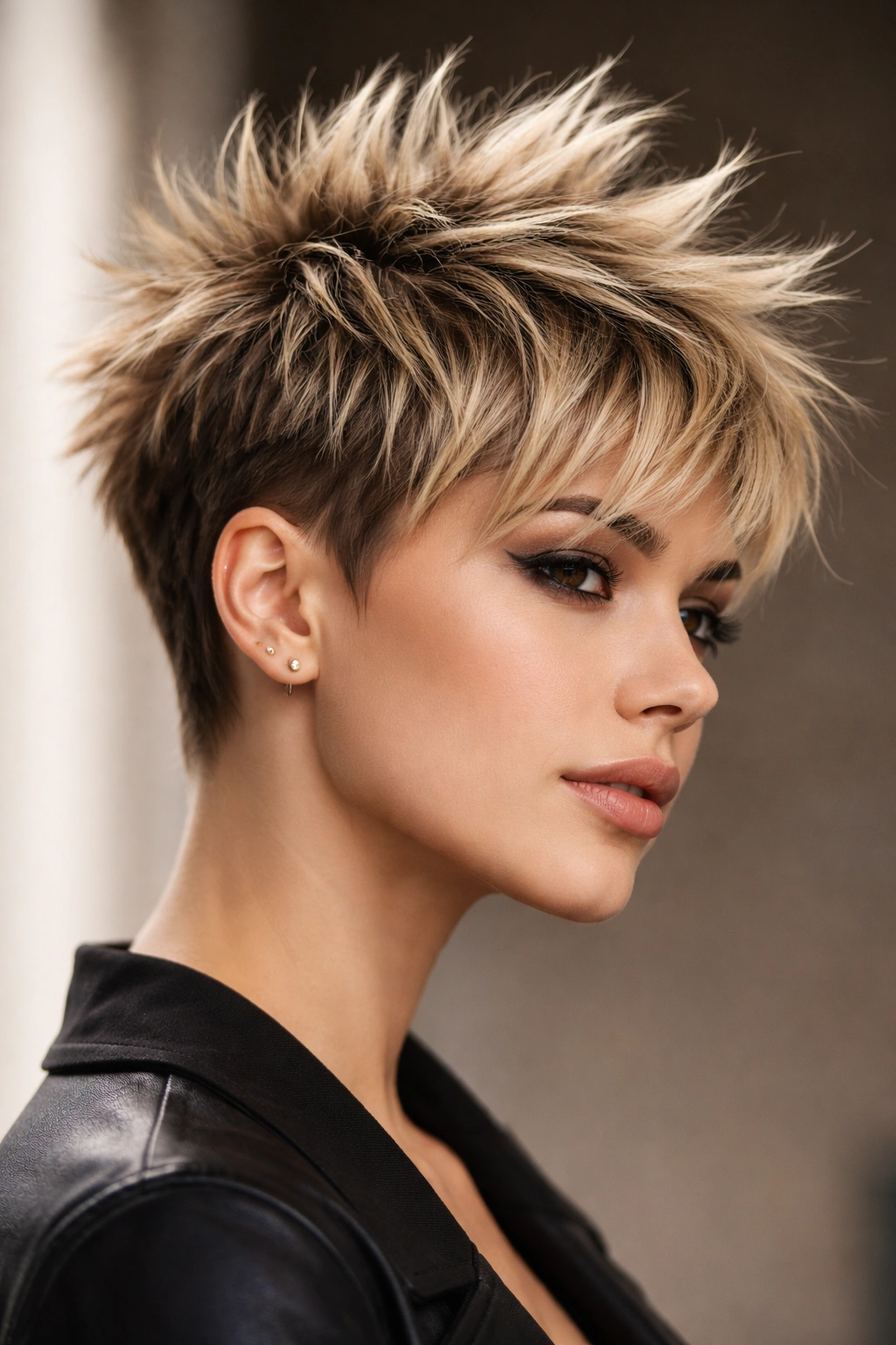Spiky pixie haircut with textured crown spikes and edgy finish