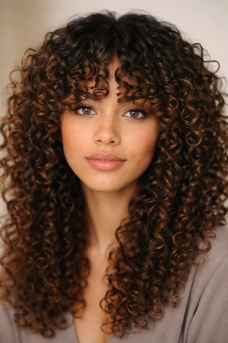 Curly bangs with defined ringlets and caramel highlights