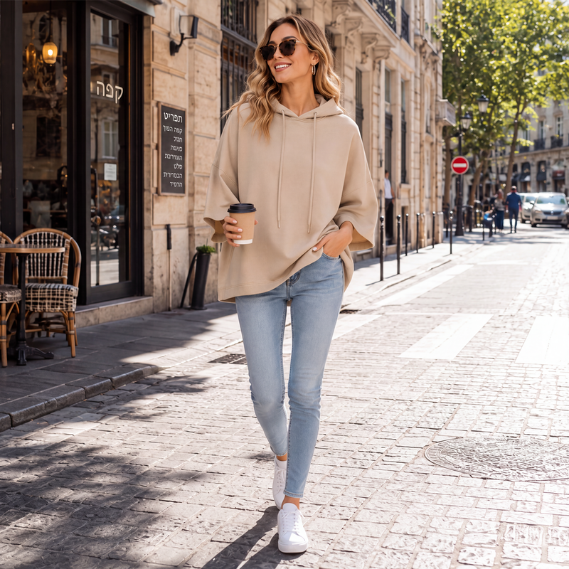 Woman in beige oversized hoodie, light-wash jeans and white sneakers on a city street