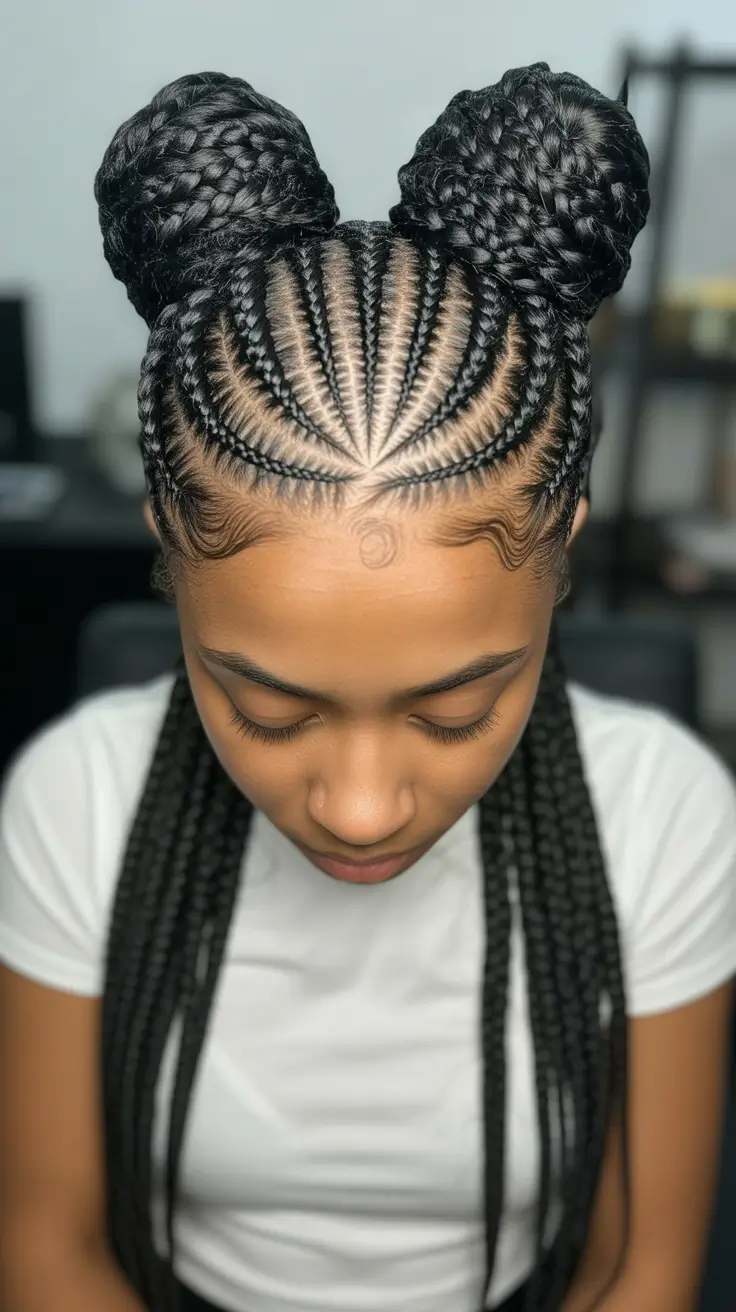 Overhead view of double braided space buns with radiating cornrows and laid edges on black hair.