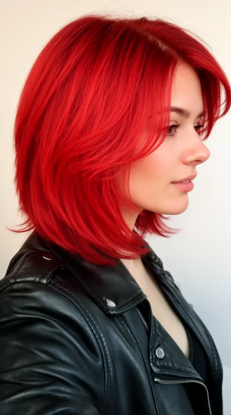 Vivid bright red textured lob haircut, side view