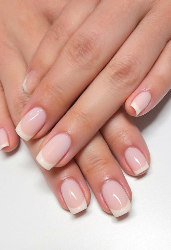 Squoval nails with French tips over sheer pink base