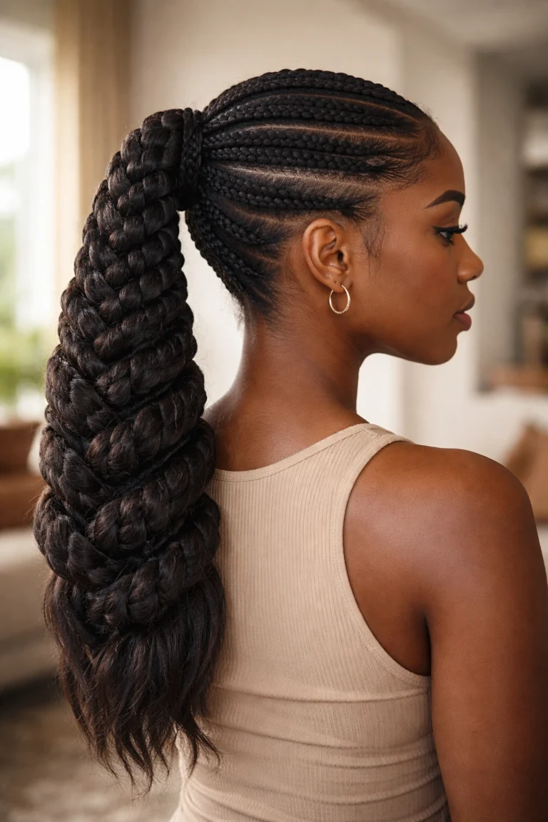 A chunky braided ponytail fed by neat cornrows on natural hair