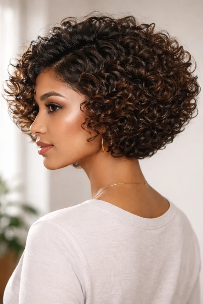 Voluminous stacked curly bob haircut on natural curls