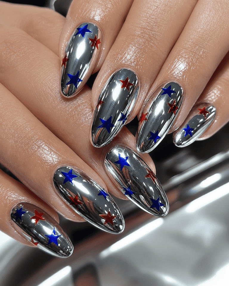 Silver chrome nails with star nail art