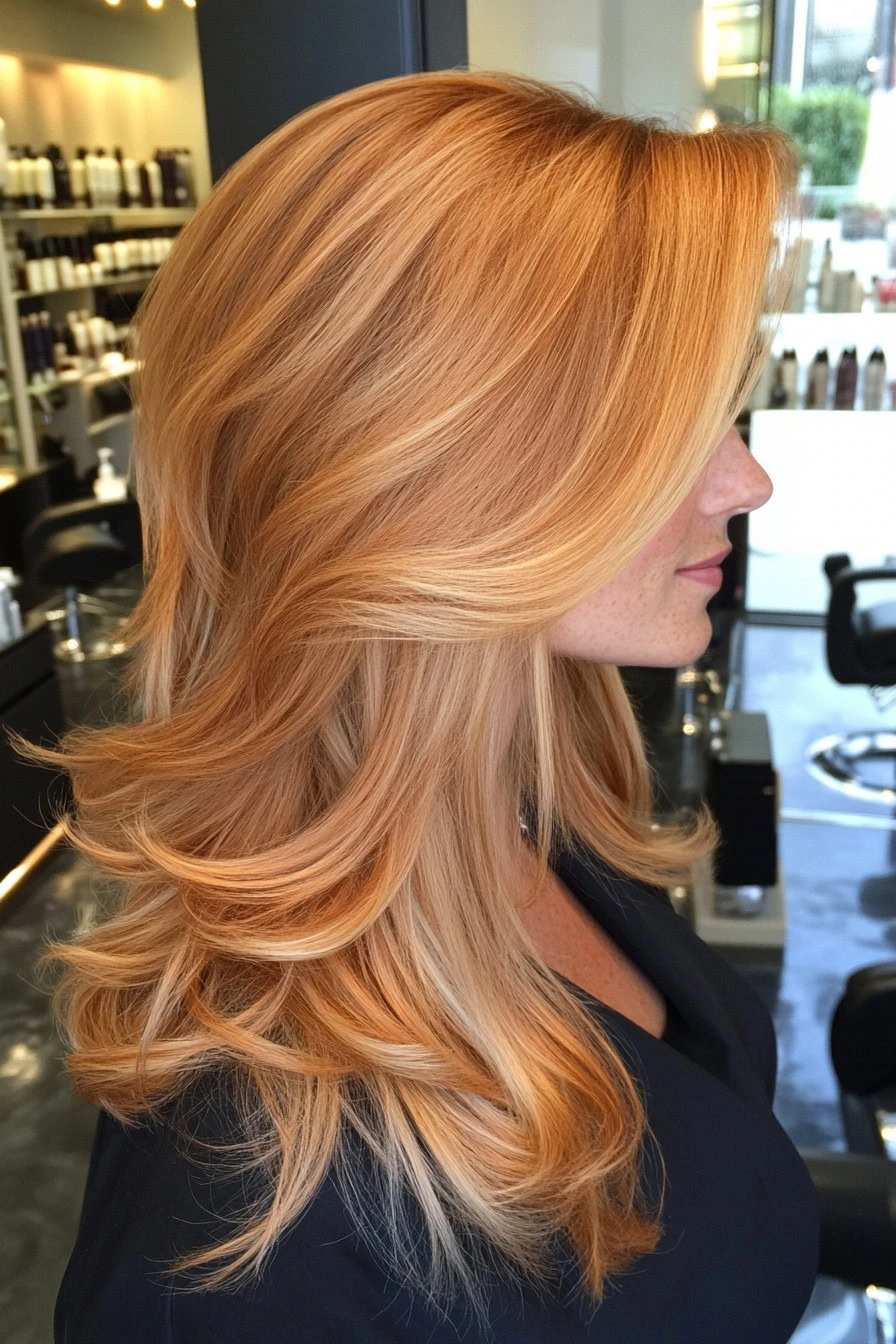 Strawberry blonde long layered wavy hair