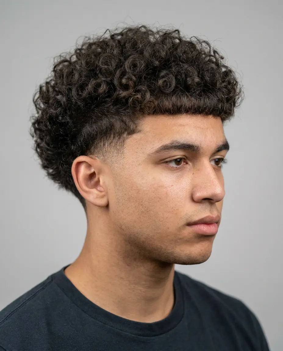 Curly fringe haircut with a taper fade