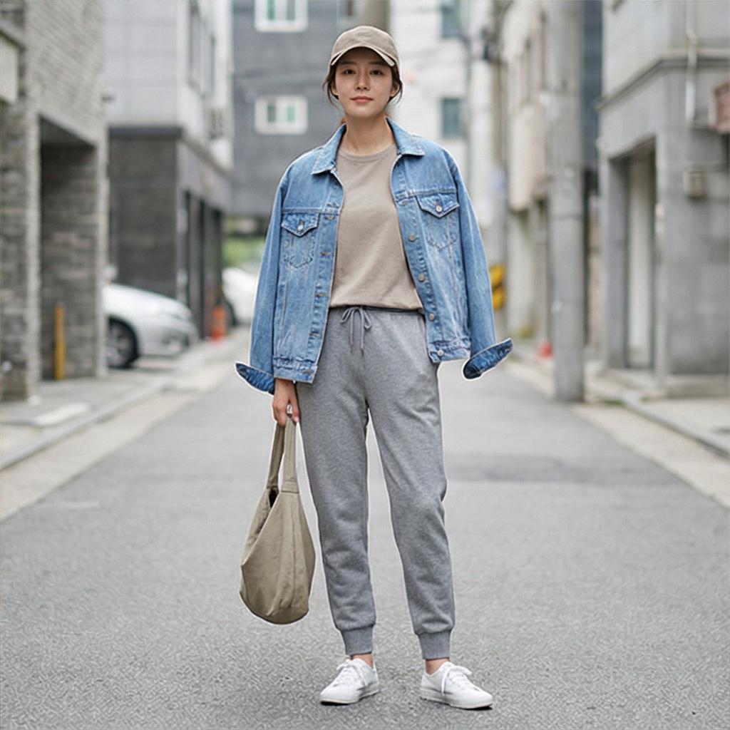 Woman wearing an oversized denim jacket with a beige tee, grey joggers, cap and tote bag