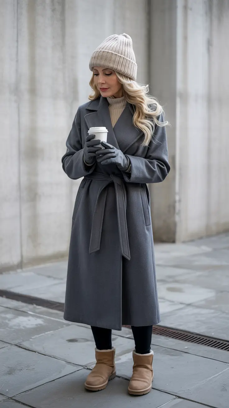 Belted gray wrap coat with a knit beanie, gloves, and tan shearling boots