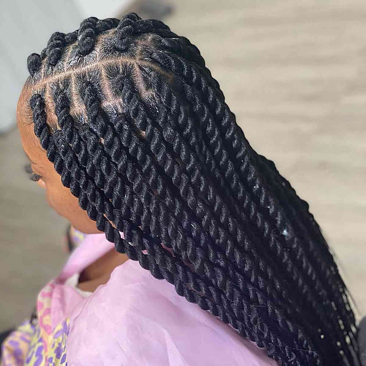 Side view of long chunky Havana twists with rope texture