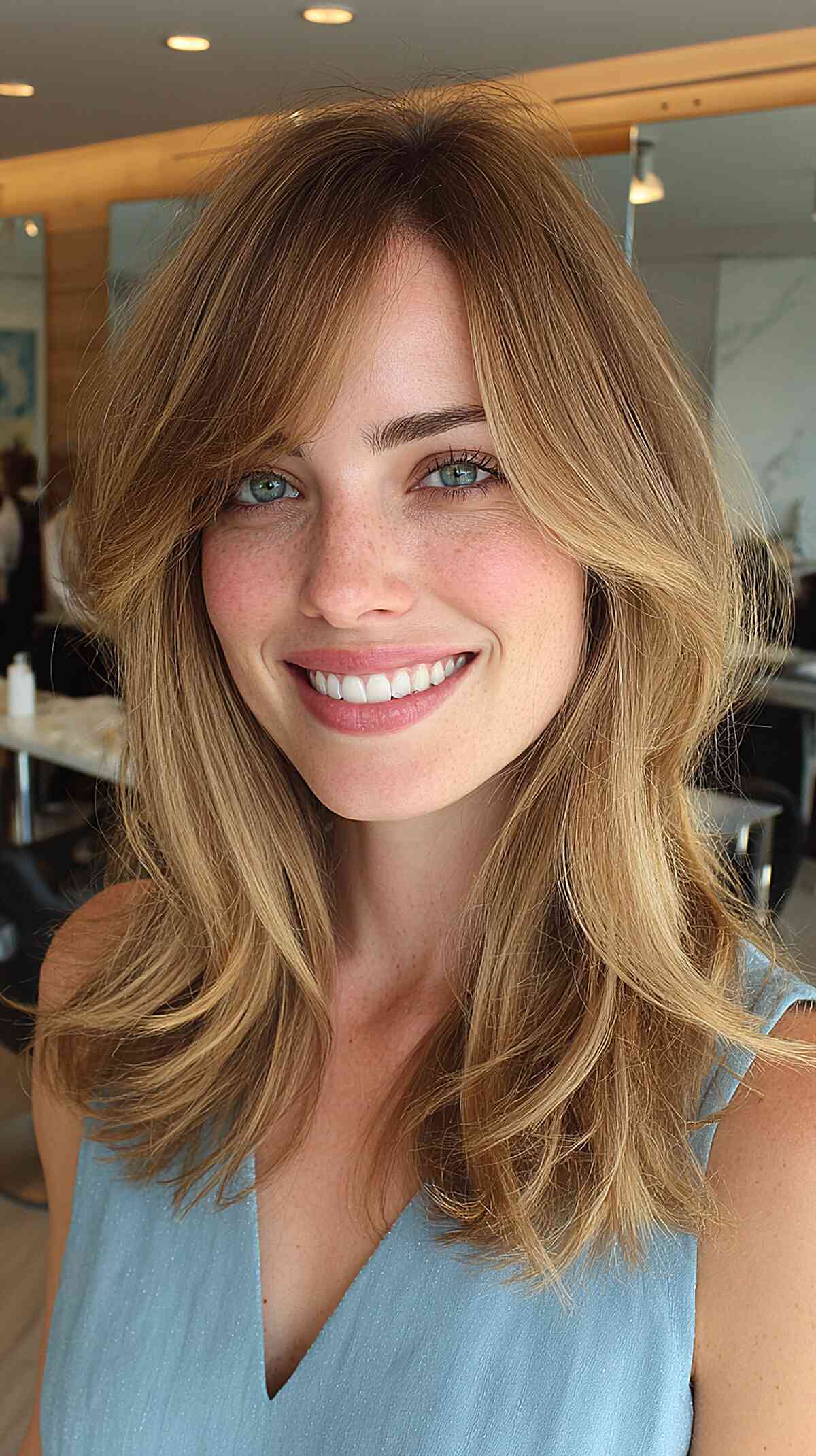 Feathered midi haircut with soft layers