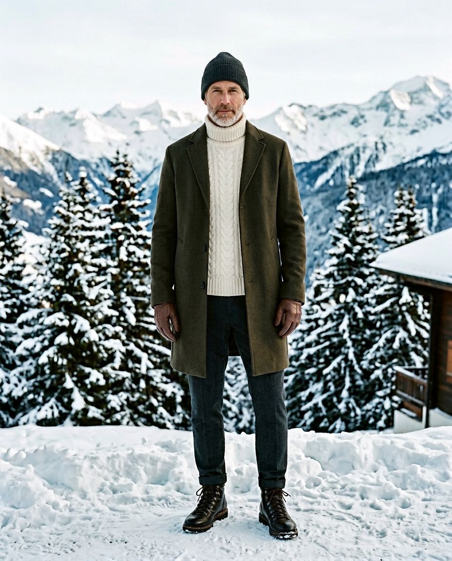Man wearing an olive overcoat with a cream cable turtleneck and beanie in the snow