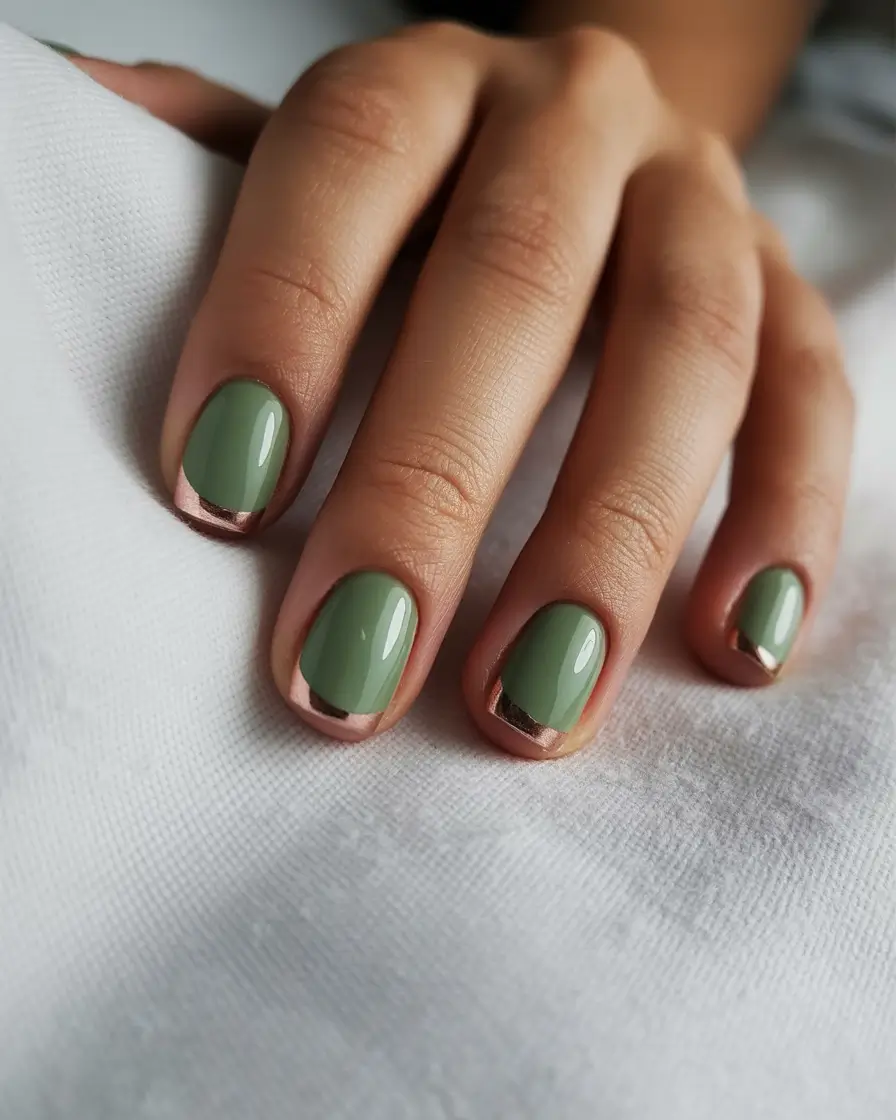 Short sage green nails with a subtle rose gold cuticle accent