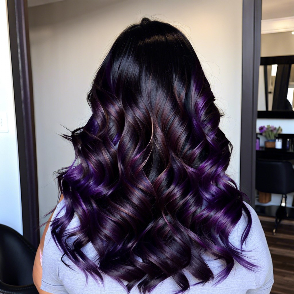 Midnight black long wavy hair with subtle violet sheen