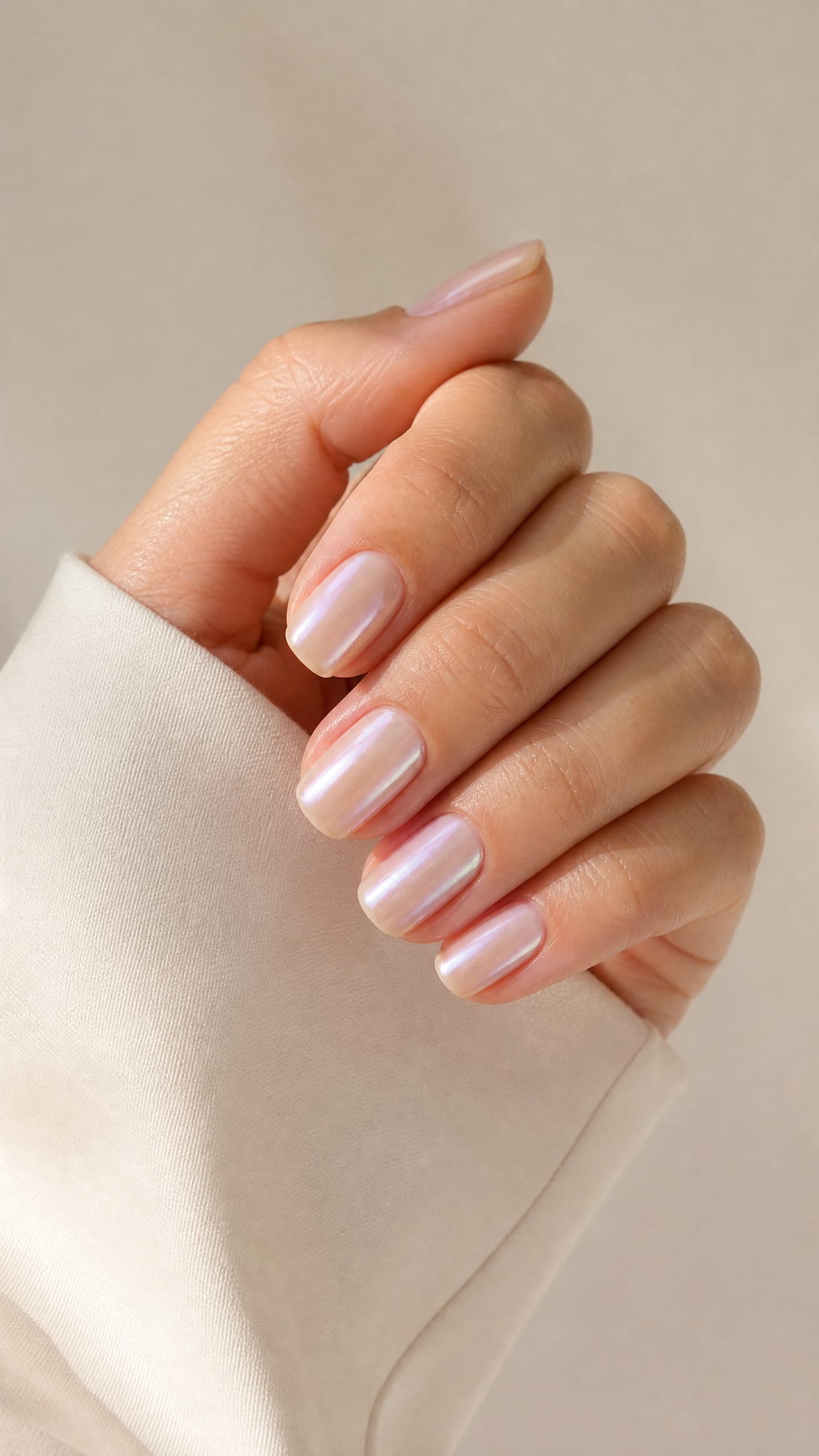 Short natural nails with an iridescent pearl finish over nude