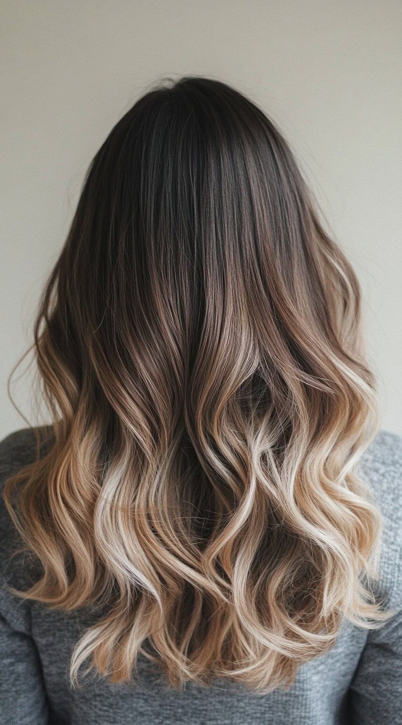Back view of long wavy brunette hair with sun-kissed warm balayage