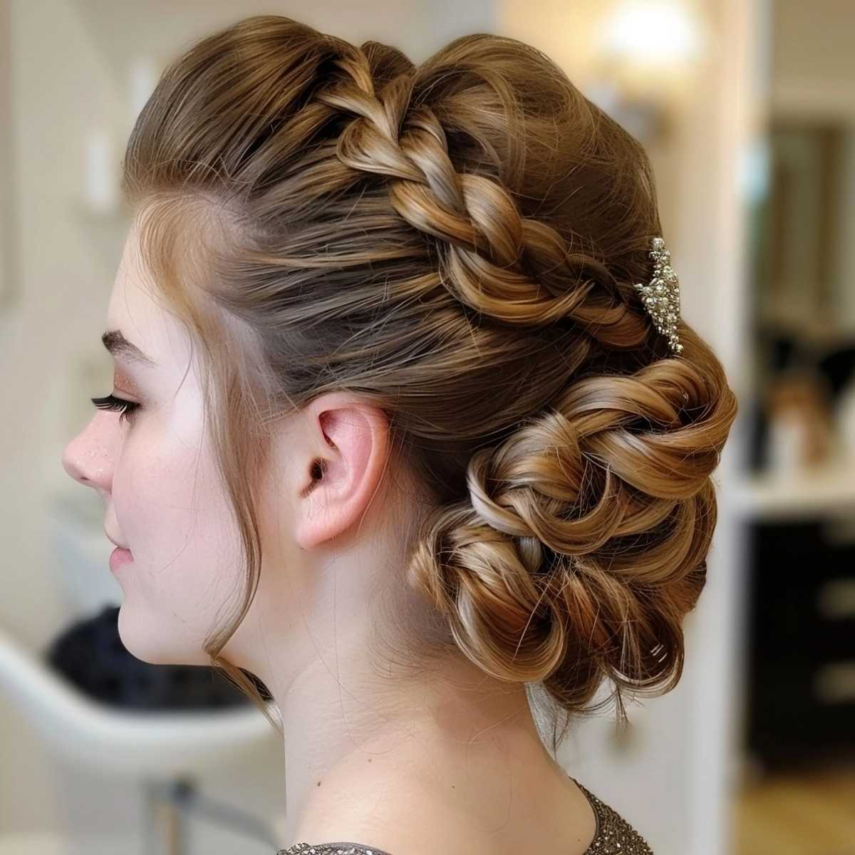 Formal braided updo in medium brown hair adorned with a sparkling crystal hair comb.