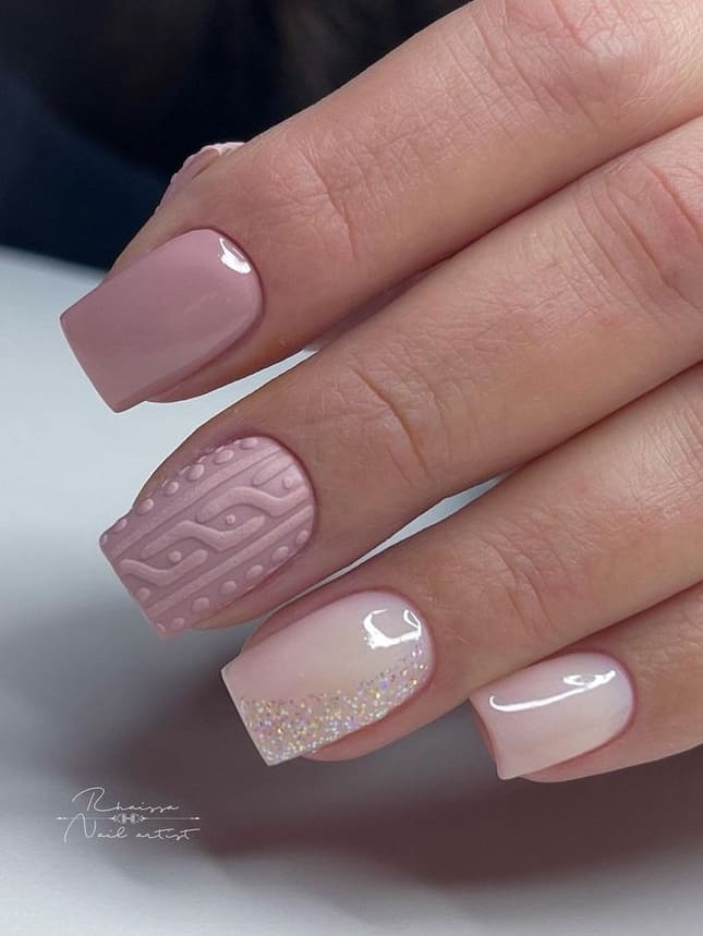 Cable-knit sweater texture nail art in nude pink