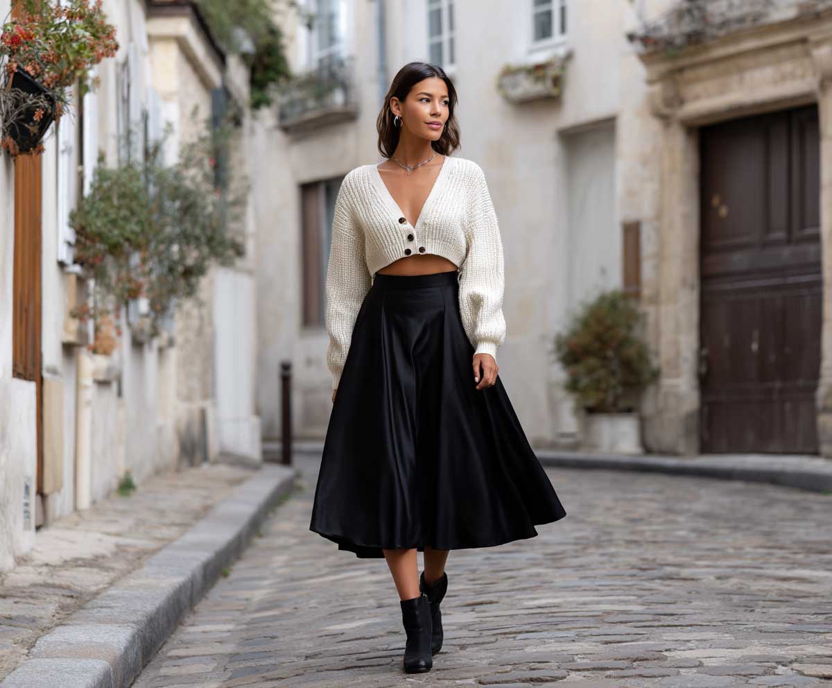 Woman in a black satin midi skirt, cropped cream cardigan and black ankle boots on a Paris street