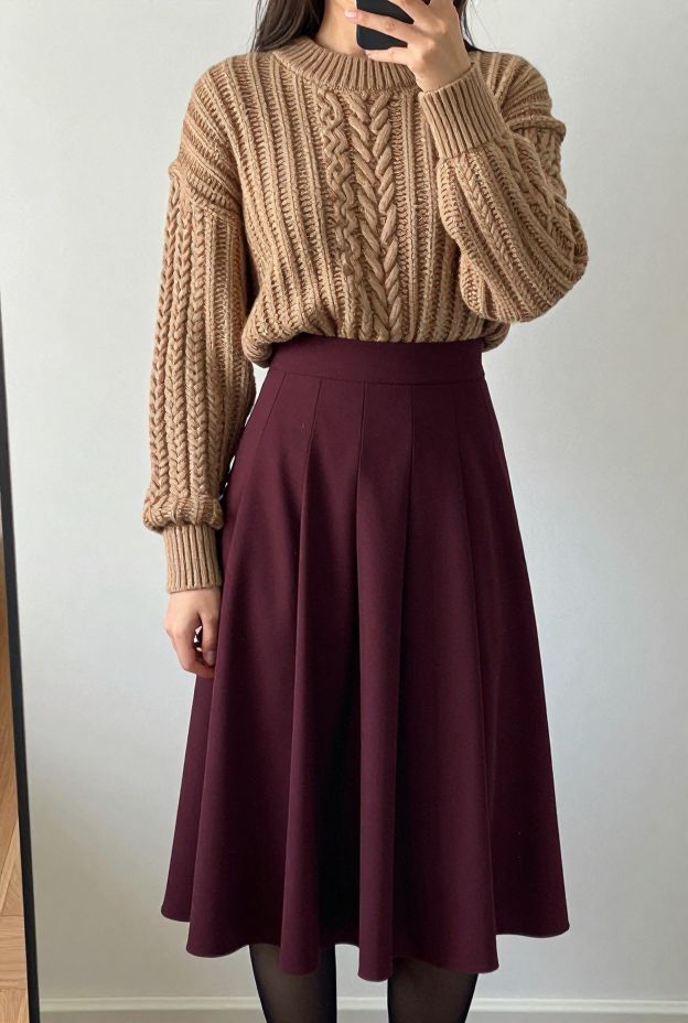 Woman in a camel knit sweater with a pleated midi skirt