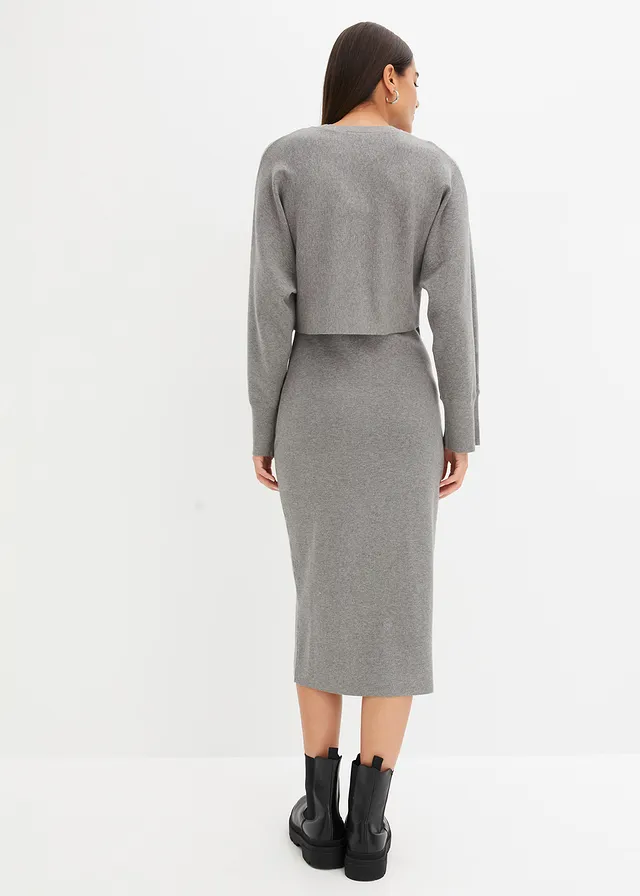 Grey melange oversized knit cardigan styled with a midi skirt