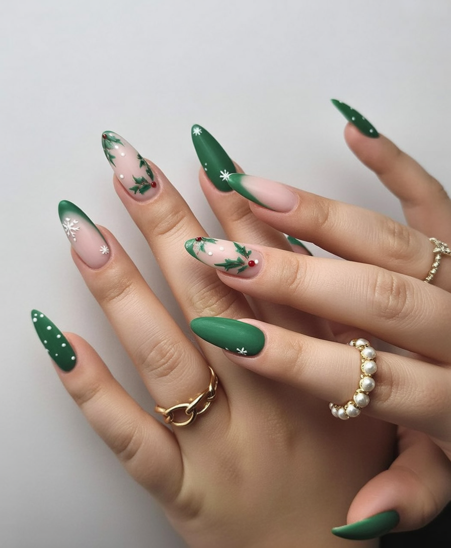 Deep green French tip Christmas nails
