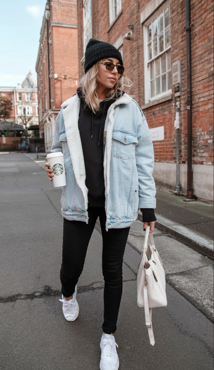 Woman in a double denim outfit with white sneakers and winter layers