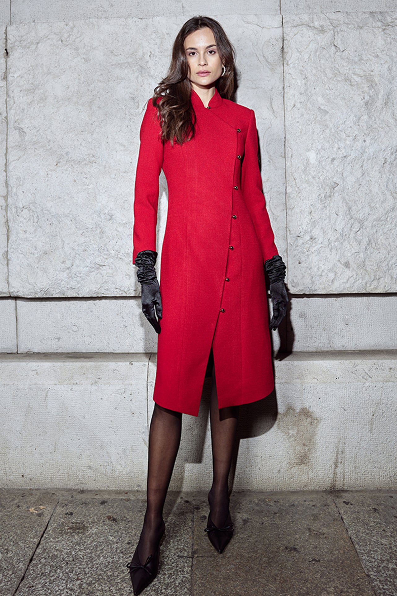 Red tailored dress with asymmetric button closure