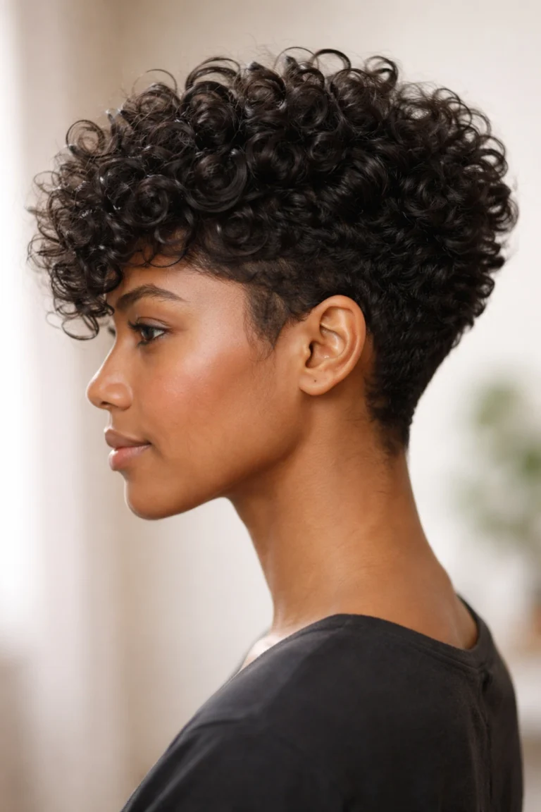 Tapered curly pixie cut showcasing natural curls and texture