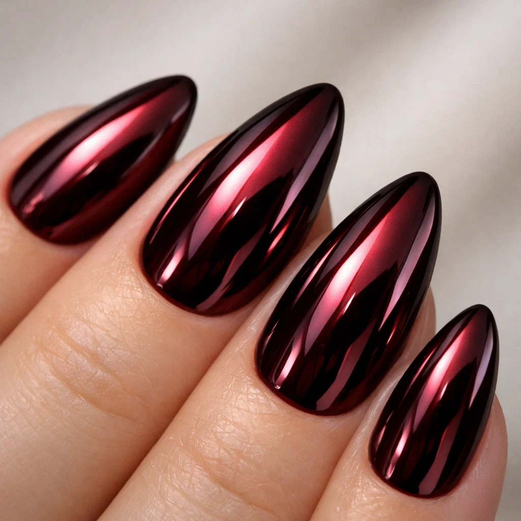 Metallic burgundy chrome almond nails with mirror finish