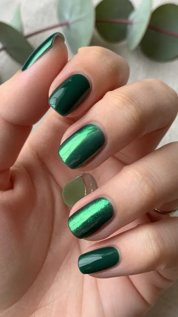 Short rounded emerald green chrome nails