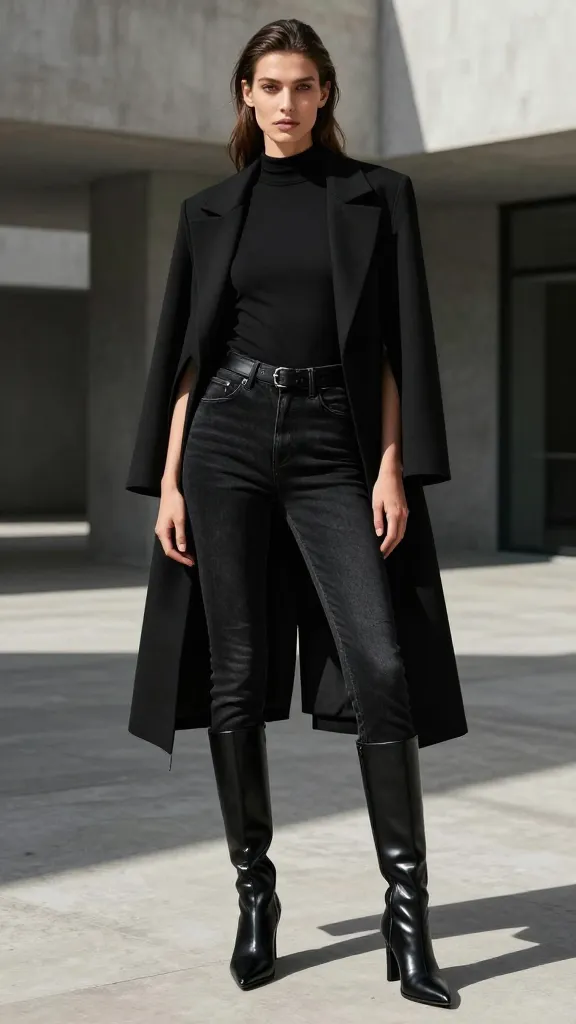 Woman in an all-black outfit with a black shirt and black jeans