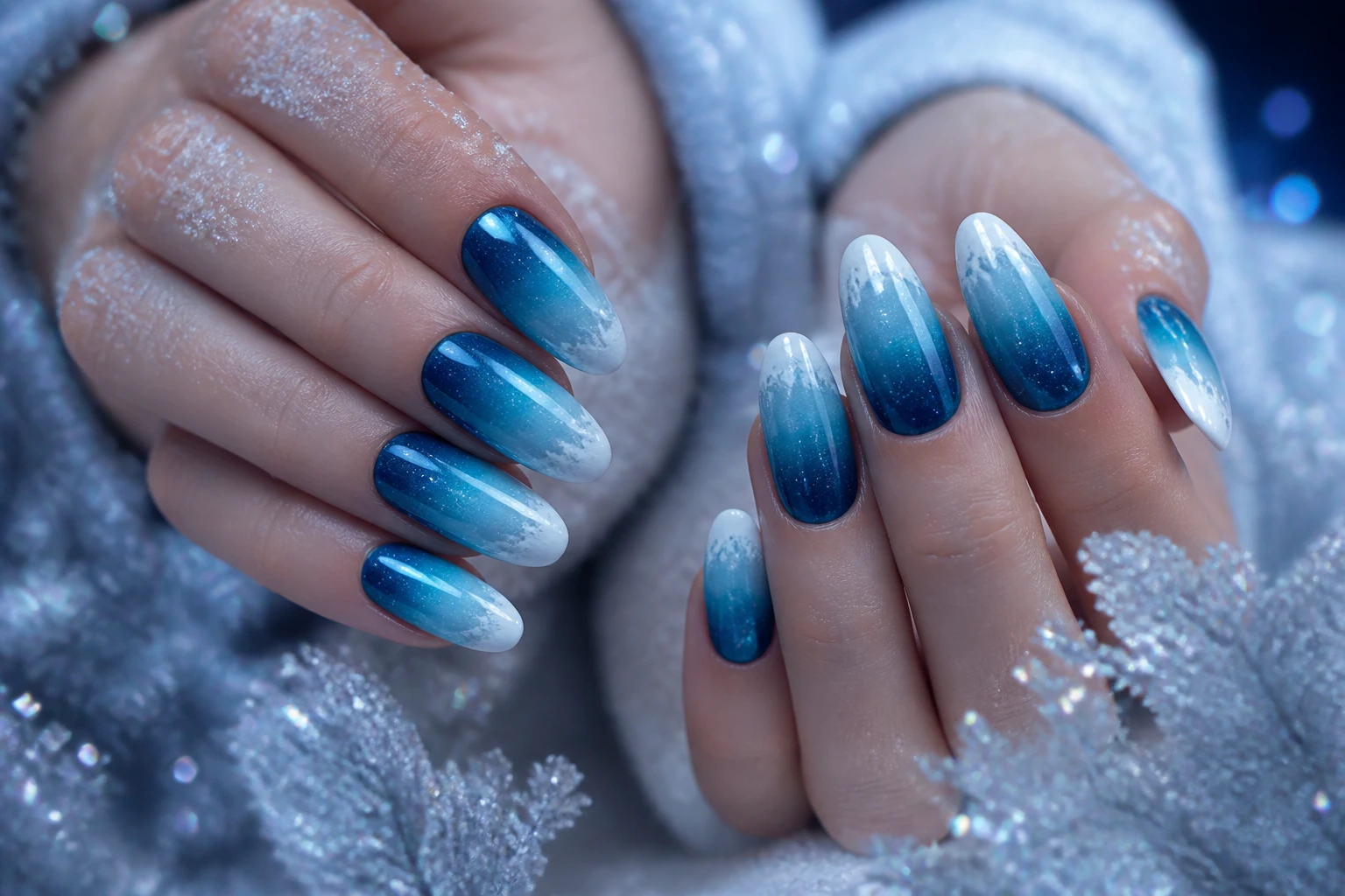 Almond nails with deep blue to icy white shimmer ombre gradient