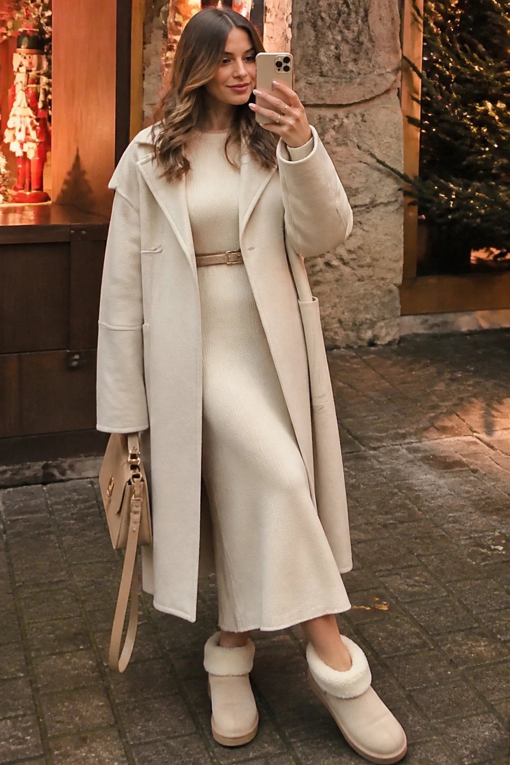 Woman in a cream knit midi dress and long coat wearing cream ugg slippers with shearling cuffs