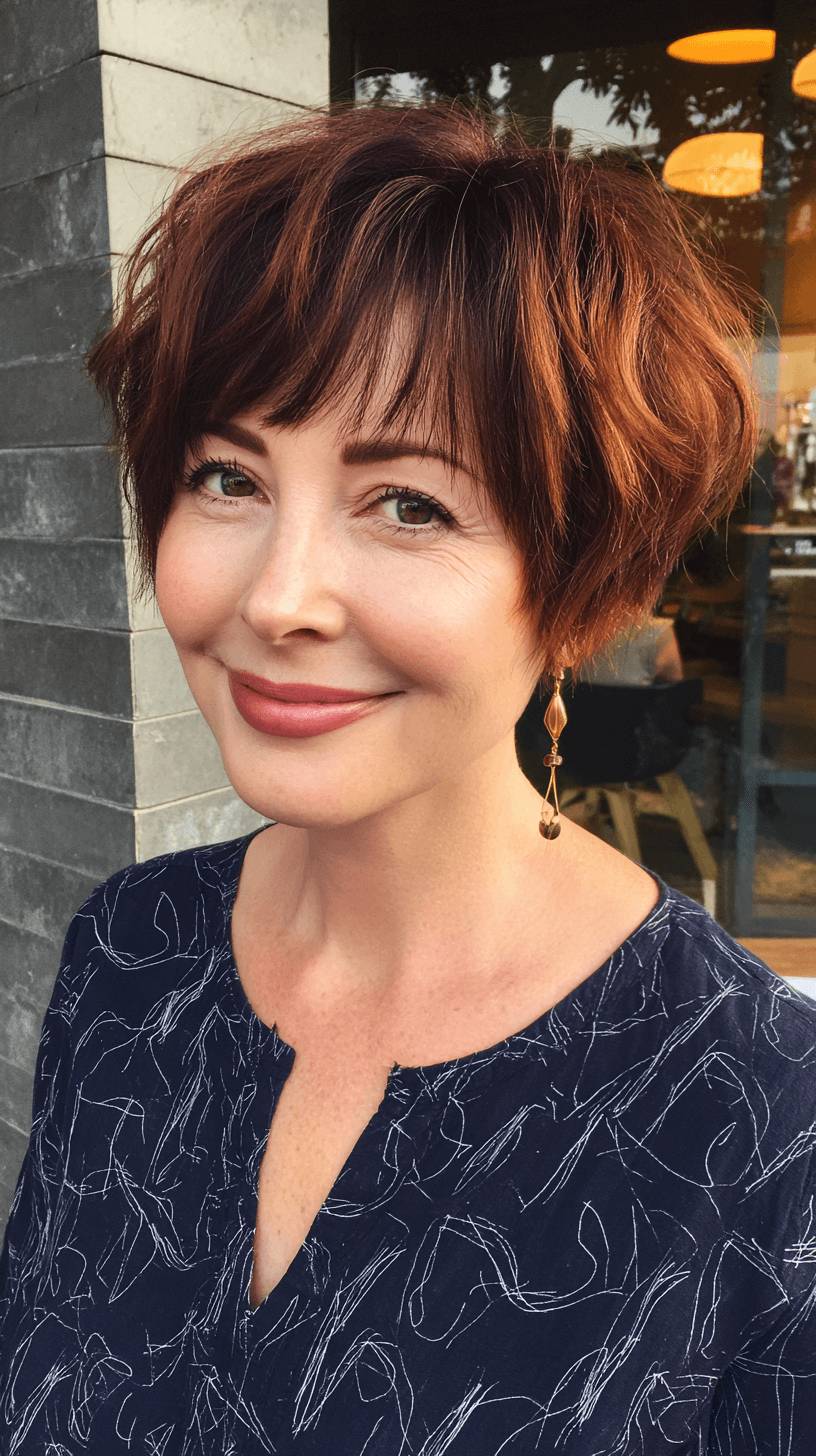 Textured bixie shag haircut with warm auburn highlights